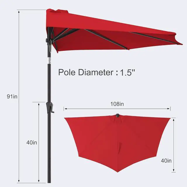 Alt view image 3 of 7 - FLAME&SHADE 9 ft Half Patio Umbrella with Push Button Tilt, Red | UV Protection, Small Half Round Umbrella Outdoor for Wall Balcony, Pool, Porch, Garden, Deck, Backyard, Provides Shade