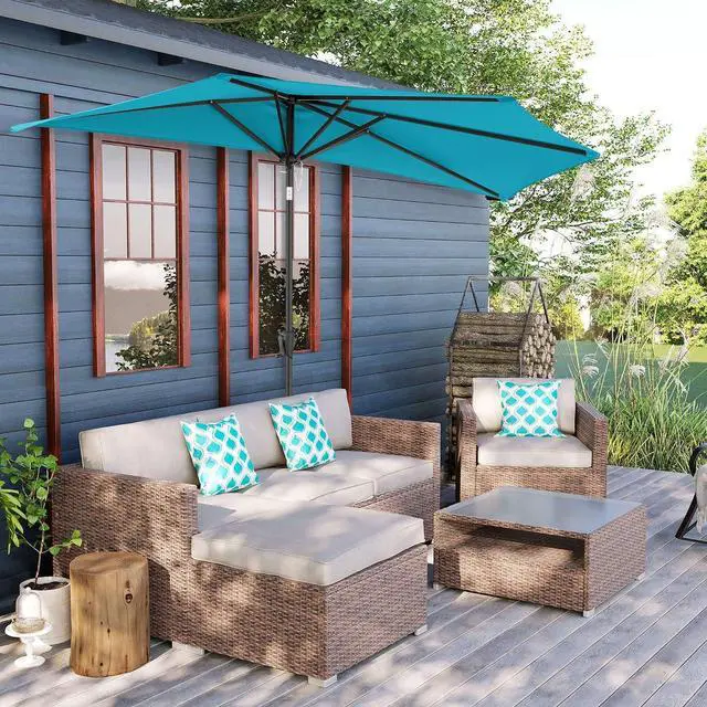 Alt view image 6 of 7 - FLAME&SHADE 9 ft Half Patio Umbrella with Push Button Tilt, Aqua Blue | UV Protection, Small Half Round Umbrella Outdoor for Wall Balcony, Pool, Porch, Garden, Deck, Backyard, Provides Shade