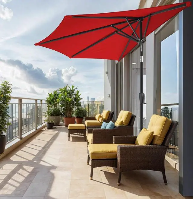 Alt view image 2 of 7 - FLAME&SHADE 9 ft Half Patio Umbrella with Push Button Tilt, Red | UV Protection, Small Half Round Umbrella Outdoor for Wall Balcony, Pool, Porch, Garden, Deck, Backyard, Provides Shade