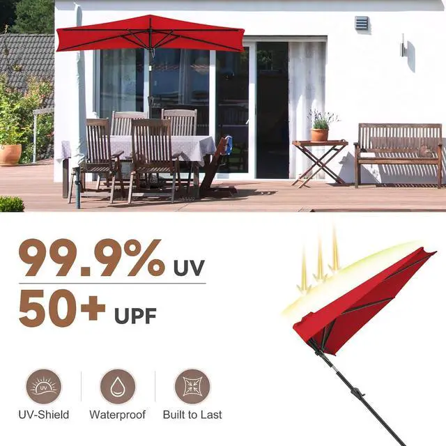 Alt view image 5 of 7 - FLAME&SHADE 9 ft Half Patio Umbrella with Push Button Tilt, Red | UV Protection, Small Half Round Umbrella Outdoor for Wall Balcony, Pool, Porch, Garden, Deck, Backyard, Provides Shade