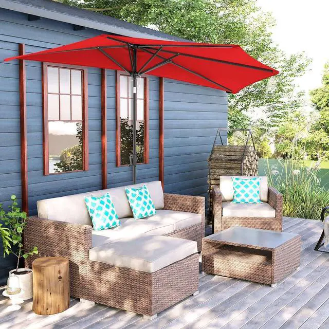 Alt view image 6 of 7 - FLAME&SHADE 9 ft Half Patio Umbrella with Push Button Tilt, Red | UV Protection, Small Half Round Umbrella Outdoor for Wall Balcony, Pool, Porch, Garden, Deck, Backyard, Provides Shade