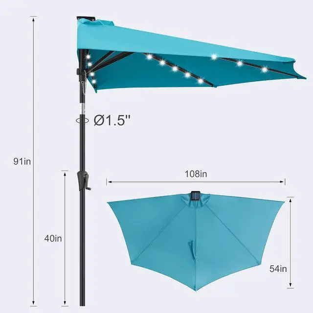 Alt view image 2 of 7 - FLAME&SHADE 9 ft Solar Half Patio Umbrella with Lights, Aqua Blue | 25 LED Lights, UV Protection, Half Round Umbrella Outdoor for Balcony, Pool, Porch, Garden, Deck, Provides Evening Lighting