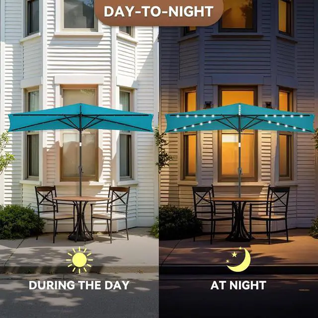 Alt view image 3 of 7 - FLAME&SHADE 9 ft Solar Half Patio Umbrella with Lights, Aqua Blue | 25 LED Lights, UV Protection, Half Round Umbrella Outdoor for Balcony, Pool, Porch, Garden, Deck, Provides Evening Lighting