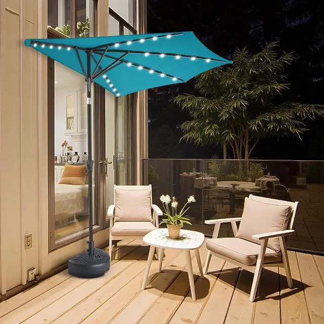 Alt view image 4 of 7 - FLAME&SHADE 9 ft Solar Half Patio Umbrella with Lights, Aqua Blue | 25 LED Lights, UV Protection, Half Round Umbrella Outdoor for Balcony, Pool, Porch, Garden, Deck, Provides Evening Lighting