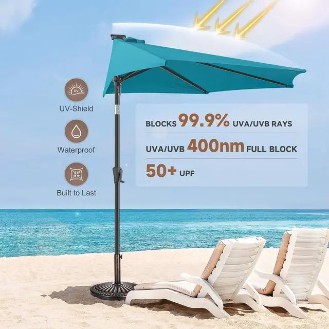 Alt view image 6 of 7 - FLAME&SHADE 9 ft Solar Half Patio Umbrella with Lights, Aqua Blue | 25 LED Lights, UV Protection, Half Round Umbrella Outdoor for Balcony, Pool, Porch, Garden, Deck, Provides Evening Lighting