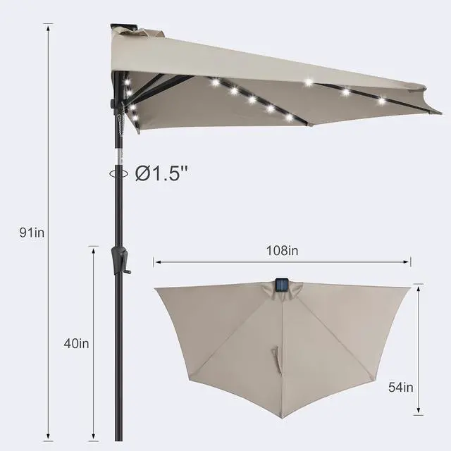 Alt view image 2 of 7 - FLAME&SHADE 9 ft Solar Half Patio Umbrella with Lights, Taupe | 25 LED Lights, UV Protection, Half Round Umbrella Outdoor for Balcony, Pool, Porch, Garden, Deck, Provides Evening Lighting
