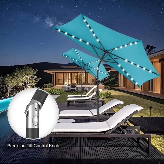 Alt view image 7 of 7 - FLAME&SHADE 9 ft Solar Half Patio Umbrella with Lights, Aqua Blue | 25 LED Lights, UV Protection, Half Round Umbrella Outdoor for Balcony, Pool, Porch, Garden, Deck, Provides Evening Lighting
