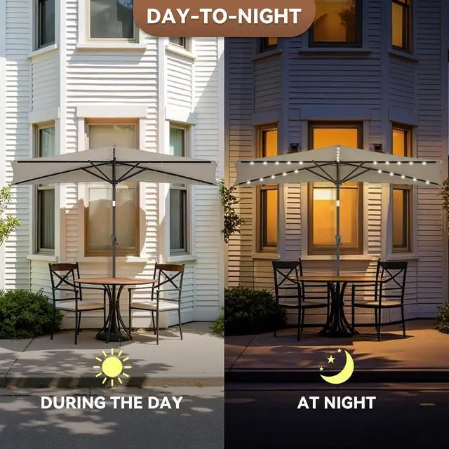 Alt view image 3 of 7 - FLAME&SHADE 9 ft Solar Half Patio Umbrella with Lights, Taupe | 25 LED Lights, UV Protection, Half Round Umbrella Outdoor for Balcony, Pool, Porch, Garden, Deck, Provides Evening Lighting