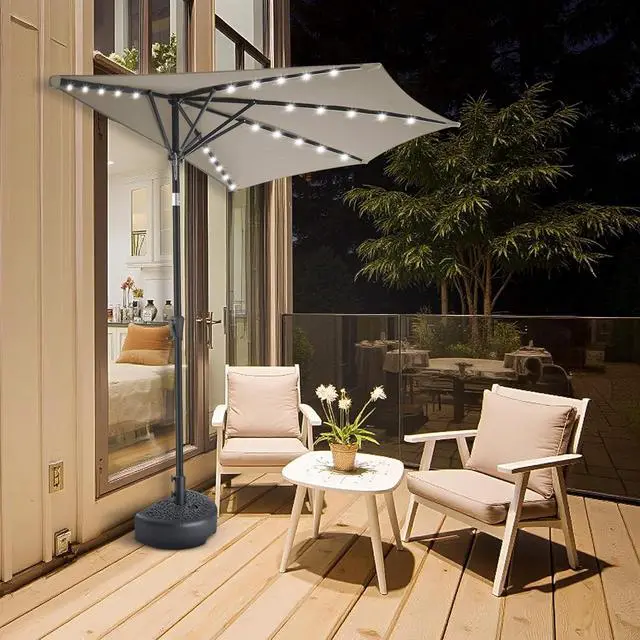 Alt view image 4 of 7 - FLAME&SHADE 9 ft Solar Half Patio Umbrella with Lights, Taupe | 25 LED Lights, UV Protection, Half Round Umbrella Outdoor for Balcony, Pool, Porch, Garden, Deck, Provides Evening Lighting