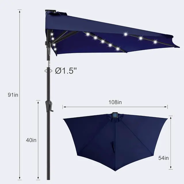 Alt view image 2 of 7 - FLAME&SHADE 9 ft Solar Half Patio Umbrella with Lights, Navy Blue | 25 LED Lights, UV Protection, Half Round Umbrella Outdoor for Balcony, Pool, Porch, Garden, Deck, Provides Evening Lighting