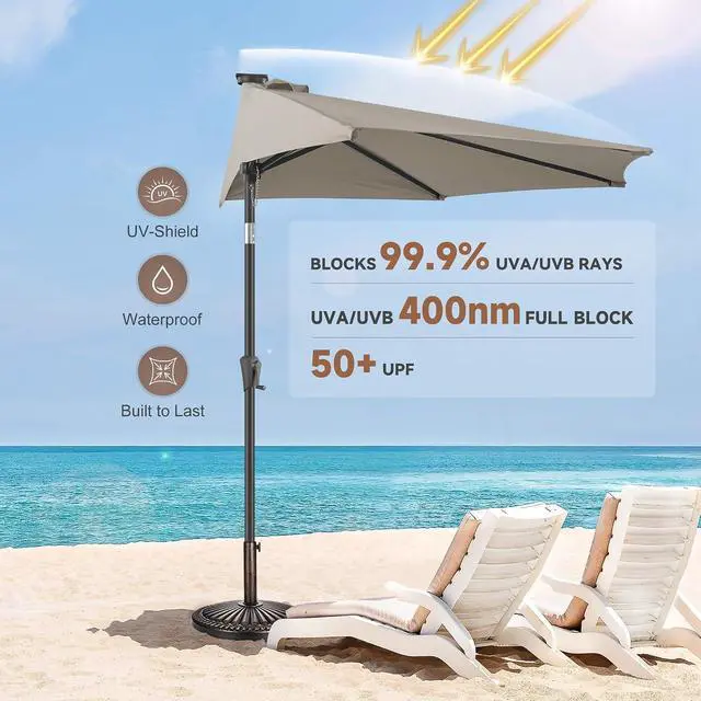 Alt view image 6 of 7 - FLAME&SHADE 9 ft Solar Half Patio Umbrella with Lights, Taupe | 25 LED Lights, UV Protection, Half Round Umbrella Outdoor for Balcony, Pool, Porch, Garden, Deck, Provides Evening Lighting