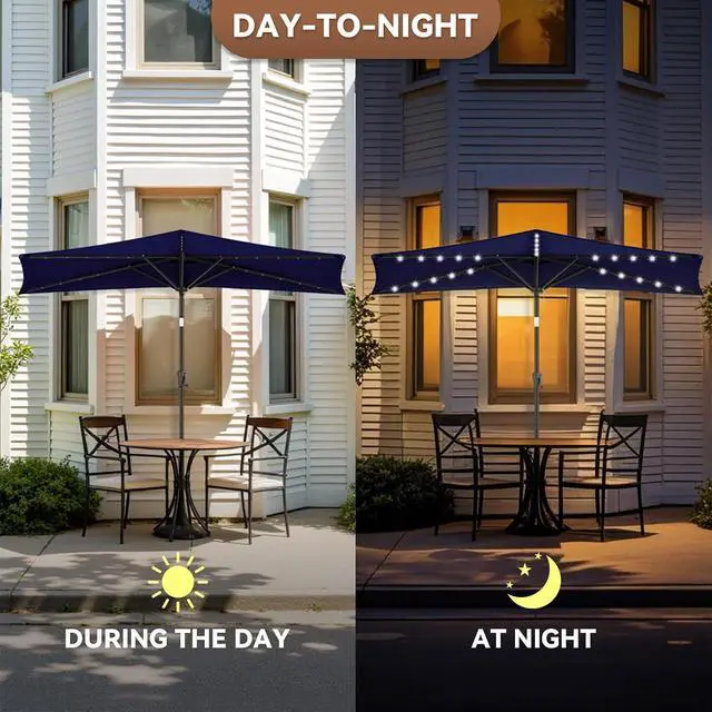 Alt view image 3 of 7 - FLAME&SHADE 9 ft Solar Half Patio Umbrella with Lights, Navy Blue | 25 LED Lights, UV Protection, Half Round Umbrella Outdoor for Balcony, Pool, Porch, Garden, Deck, Provides Evening Lighting