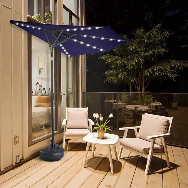 Alt view image 4 of 7 - FLAME&SHADE 9 ft Solar Half Patio Umbrella with Lights, Navy Blue | 25 LED Lights, UV Protection, Half Round Umbrella Outdoor for Balcony, Pool, Porch, Garden, Deck, Provides Evening Lighting
