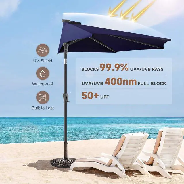 Alt view image 6 of 7 - FLAME&SHADE 9 ft Solar Half Patio Umbrella with Lights, Navy Blue | 25 LED Lights, UV Protection, Half Round Umbrella Outdoor for Balcony, Pool, Porch, Garden, Deck, Provides Evening Lighting