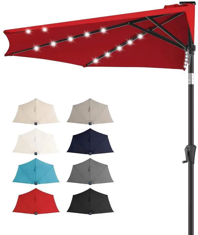 Main image of FLAME&SHADE 9 ft Solar Half Patio Umbrella with Lights, Red | 25 LED Lights, UV Protection, Half Round Umbrella Outdoor for Balcony, Pool, Porch, Garden, Deck, Provides Evening Lighting