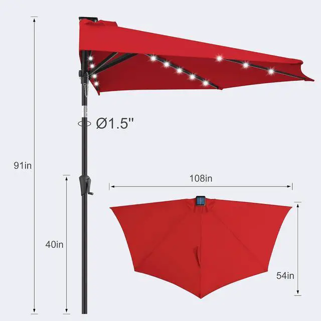 Alt view image 2 of 7 - FLAME&SHADE 9 ft Solar Half Patio Umbrella with Lights, Red | 25 LED Lights, UV Protection, Half Round Umbrella Outdoor for Balcony, Pool, Porch, Garden, Deck, Provides Evening Lighting
