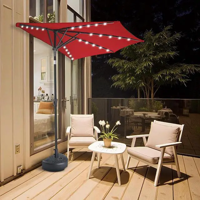 Alt view image 4 of 7 - FLAME&SHADE 9 ft Solar Half Patio Umbrella with Lights, Red | 25 LED Lights, UV Protection, Half Round Umbrella Outdoor for Balcony, Pool, Porch, Garden, Deck, Provides Evening Lighting