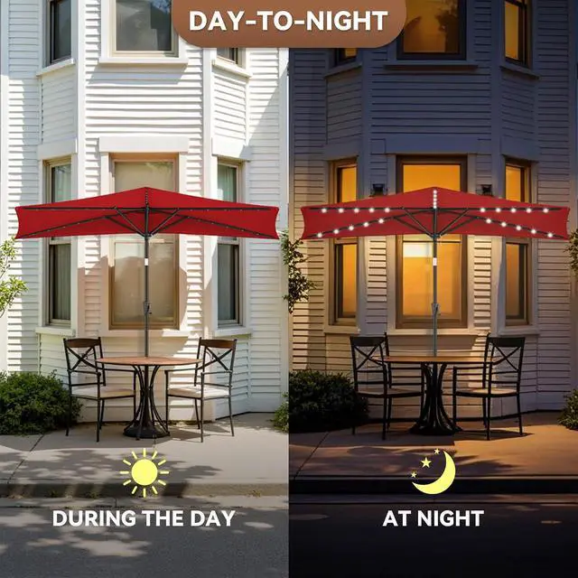Alt view image 3 of 7 - FLAME&SHADE 9 ft Solar Half Patio Umbrella with Lights, Red | 25 LED Lights, UV Protection, Half Round Umbrella Outdoor for Balcony, Pool, Porch, Garden, Deck, Provides Evening Lighting
