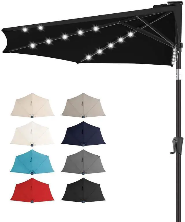Main image of FLAME&SHADE 9 ft Solar Half Patio Umbrella with Lights, Black | 25 LED Lights, UV Protection, Half Round Umbrella Outdoor for Balcony, Pool, Porch, Garden, Deck, Provides Evening Lighting