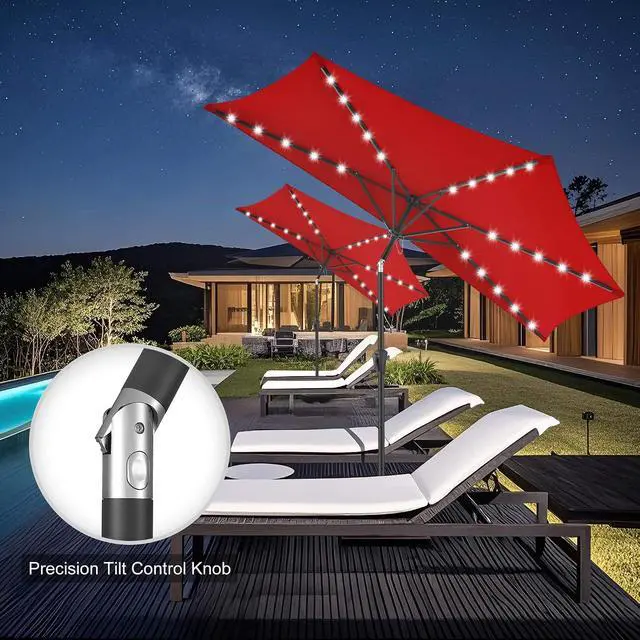 Alt view image 7 of 7 - FLAME&SHADE 9 ft Solar Half Patio Umbrella with Lights, Red | 25 LED Lights, UV Protection, Half Round Umbrella Outdoor for Balcony, Pool, Porch, Garden, Deck, Provides Evening Lighting