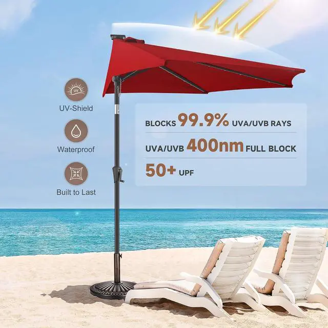 Alt view image 6 of 7 - FLAME&SHADE 9 ft Solar Half Patio Umbrella with Lights, Red | 25 LED Lights, UV Protection, Half Round Umbrella Outdoor for Balcony, Pool, Porch, Garden, Deck, Provides Evening Lighting