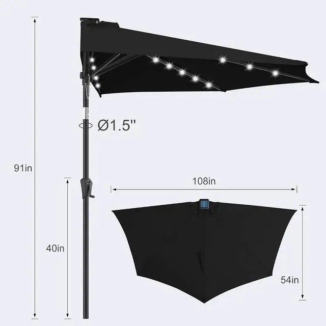 Alt view image 2 of 7 - FLAME&SHADE 9 ft Solar Half Patio Umbrella with Lights, Black | 25 LED Lights, UV Protection, Half Round Umbrella Outdoor for Balcony, Pool, Porch, Garden, Deck, Provides Evening Lighting