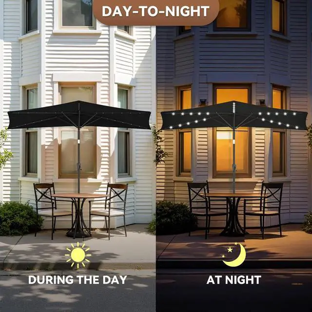 Alt view image 3 of 7 - FLAME&SHADE 9 ft Solar Half Patio Umbrella with Lights, Black | 25 LED Lights, UV Protection, Half Round Umbrella Outdoor for Balcony, Pool, Porch, Garden, Deck, Provides Evening Lighting