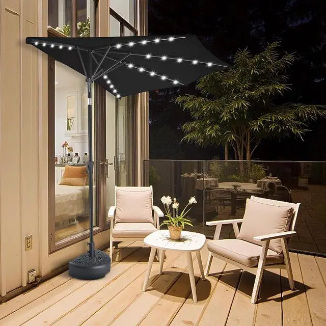 Alt view image 4 of 7 - FLAME&SHADE 9 ft Solar Half Patio Umbrella with Lights, Black | 25 LED Lights, UV Protection, Half Round Umbrella Outdoor for Balcony, Pool, Porch, Garden, Deck, Provides Evening Lighting