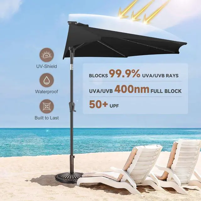 Alt view image 6 of 7 - FLAME&SHADE 9 ft Solar Half Patio Umbrella with Lights, Black | 25 LED Lights, UV Protection, Half Round Umbrella Outdoor for Balcony, Pool, Porch, Garden, Deck, Provides Evening Lighting
