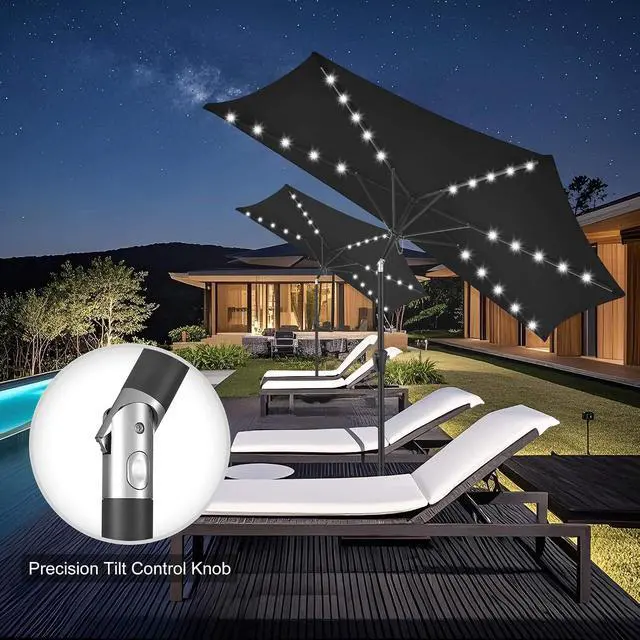 Alt view image 7 of 7 - FLAME&SHADE 9 ft Solar Half Patio Umbrella with Lights, Black | 25 LED Lights, UV Protection, Half Round Umbrella Outdoor for Balcony, Pool, Porch, Garden, Deck, Provides Evening Lighting