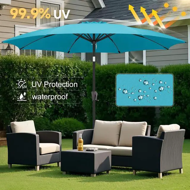 Alt view image 2 of 7 - FLAME&SHADE Patio Umbrella Outdoor with Push Button Tilt, 10 ft Aqua Blue | UV Protection, Waterproof, 8 Sturdy Ribs, Porch Deck Umbrella for Pool, Table, Garden, Backyard, Provides Shade