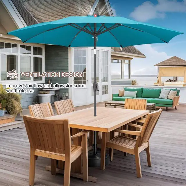 Alt view image 6 of 7 - FLAME&SHADE Patio Umbrella Outdoor with Push Button Tilt, 10 ft Aqua Blue | UV Protection, Waterproof, 8 Sturdy Ribs, Porch Deck Umbrella for Pool, Table, Garden, Backyard, Provides Shade