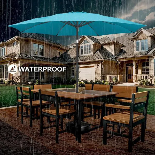Alt view image 7 of 7 - FLAME&SHADE Patio Umbrella Outdoor with Push Button Tilt, 10 ft Aqua Blue | UV Protection, Waterproof, 8 Sturdy Ribs, Porch Deck Umbrella for Pool, Table, Garden, Backyard, Provides Shade
