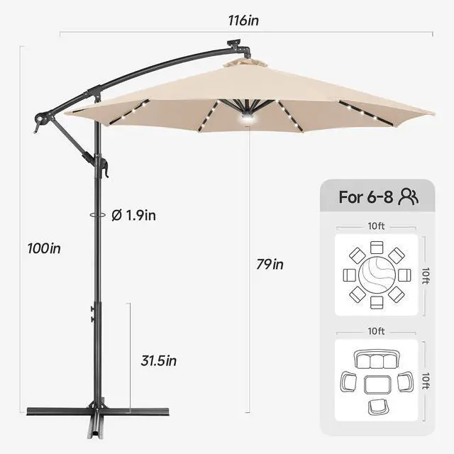 Alt view image 2 of 7 - FLAME&SHADE Cantilever Umbrella Solar with Centre Light, 10 FT, Beige | 40 LED Lights, UPF 50+ UV Protection, Lighted Large Offset Umbrella Outdoor for Deck, Porch, Pool, Yard, Table, Garden
