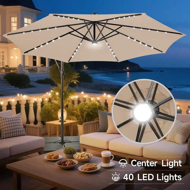 Alt view image 3 of 7 - FLAME&SHADE Cantilever Umbrella Solar with Centre Light, 10 FT, Beige | 40 LED Lights, UPF 50+ UV Protection, Lighted Large Offset Umbrella Outdoor for Deck, Porch, Pool, Yard, Table, Garden