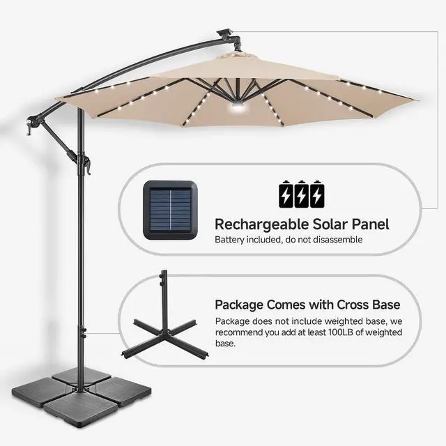 Alt view image 5 of 7 - FLAME&SHADE Cantilever Umbrella Solar with Centre Light, 10 FT, Beige | 40 LED Lights, UPF 50+ UV Protection, Lighted Large Offset Umbrella Outdoor for Deck, Porch, Pool, Yard, Table, Garden