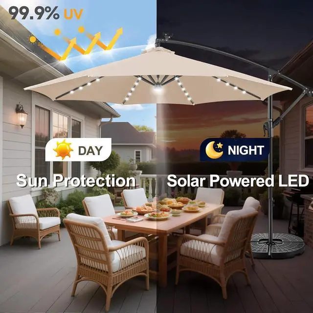 Alt view image 4 of 7 - FLAME&SHADE Cantilever Umbrella Solar with Centre Light, 10 FT, Beige | 40 LED Lights, UPF 50+ UV Protection, Lighted Large Offset Umbrella Outdoor for Deck, Porch, Pool, Yard, Table, Garden