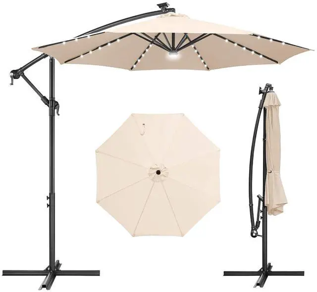 Main image of FLAME&SHADE Cantilever Umbrella Solar with Centre Light, 10 FT, Beige | 40 LED Lights, UPF 50+ UV Protection, Lighted Large Offset Umbrella Outdoor for Deck, Porch, Pool, Yard, Table, Garden