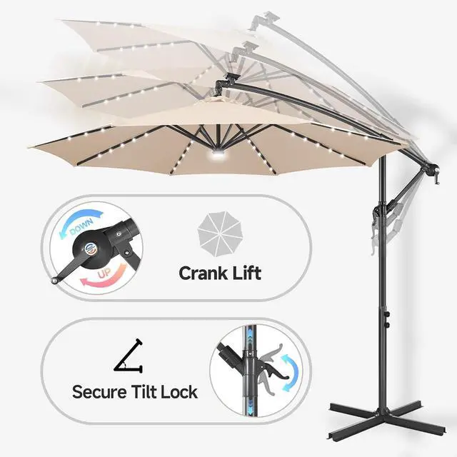 Alt view image 6 of 7 - FLAME&SHADE Cantilever Umbrella Solar with Centre Light, 10 FT, Beige | 40 LED Lights, UPF 50+ UV Protection, Lighted Large Offset Umbrella Outdoor for Deck, Porch, Pool, Yard, Table, Garden