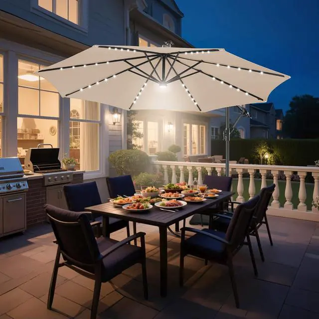 Alt view image 7 of 7 - FLAME&SHADE Cantilever Umbrella Solar with Centre Light, 10 FT, Beige | 40 LED Lights, UPF 50+ UV Protection, Lighted Large Offset Umbrella Outdoor for Deck, Porch, Pool, Yard, Table, Garden