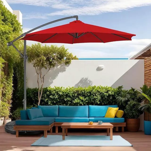 Alt view image 6 of 7 - FLAME&SHADE Cantilever Patio Umbrella Outdoor, 10 FT, Red | 3-Year Fade Resistance Fabric, Large Offset Umbrella with Cross Base for Deck Porch Pool Yard Garden