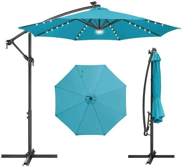 Main image of FLAME&SHADE Cantilever Umbrella Solar with Centre Light, 10 FT, Aqua Blue | 40 LED Lights, UPF 50+ UV Protection, Lighted Large Offset Umbrella Outdoor for Deck, Porch, Pool, Yard, Table, Garden