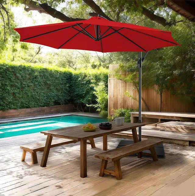 Alt view image 7 of 7 - FLAME&SHADE Cantilever Patio Umbrella Outdoor, 10 FT, Red | 3-Year Fade Resistance Fabric, Large Offset Umbrella with Cross Base for Deck Porch Pool Yard Garden