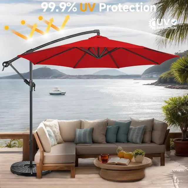 Alt view image 4 of 7 - FLAME&SHADE Cantilever Patio Umbrella Outdoor, 10 FT, Red | 3-Year Fade Resistance Fabric, Large Offset Umbrella with Cross Base for Deck Porch Pool Yard Garden