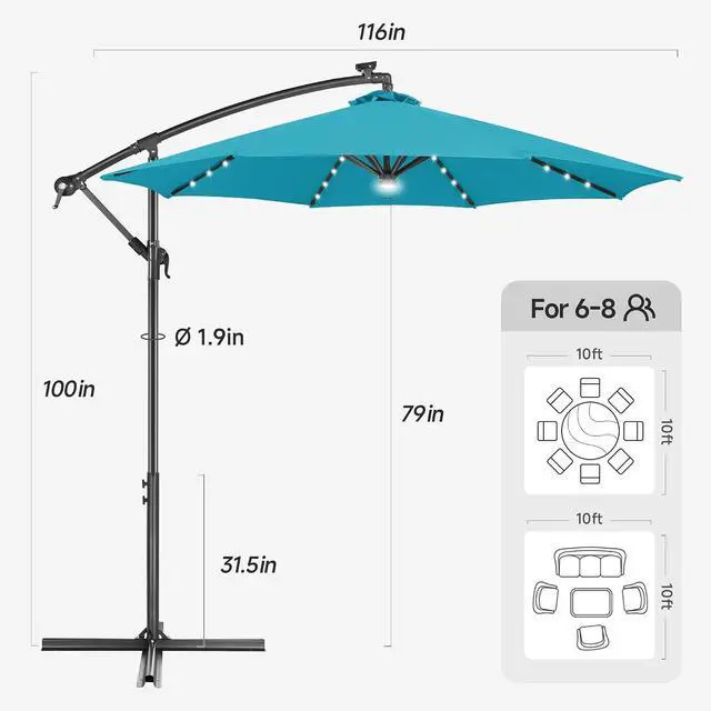 Alt view image 2 of 7 - FLAME&SHADE Cantilever Umbrella Solar with Centre Light, 10 FT, Aqua Blue | 40 LED Lights, UPF 50+ UV Protection, Lighted Large Offset Umbrella Outdoor for Deck, Porch, Pool, Yard, Table, Garden