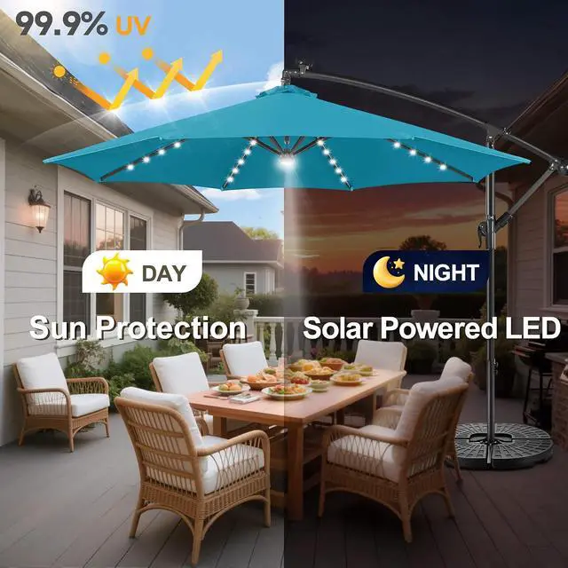 Alt view image 4 of 7 - FLAME&SHADE Cantilever Umbrella Solar with Centre Light, 10 FT, Aqua Blue | 40 LED Lights, UPF 50+ UV Protection, Lighted Large Offset Umbrella Outdoor for Deck, Porch, Pool, Yard, Table, Garden