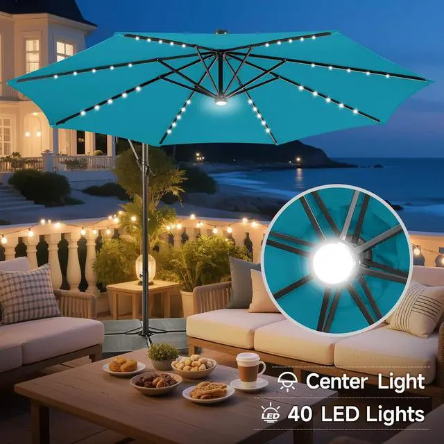 Alt view image 3 of 7 - FLAME&SHADE Cantilever Umbrella Solar with Centre Light, 10 FT, Aqua Blue | 40 LED Lights, UPF 50+ UV Protection, Lighted Large Offset Umbrella Outdoor for Deck, Porch, Pool, Yard, Table, Garden