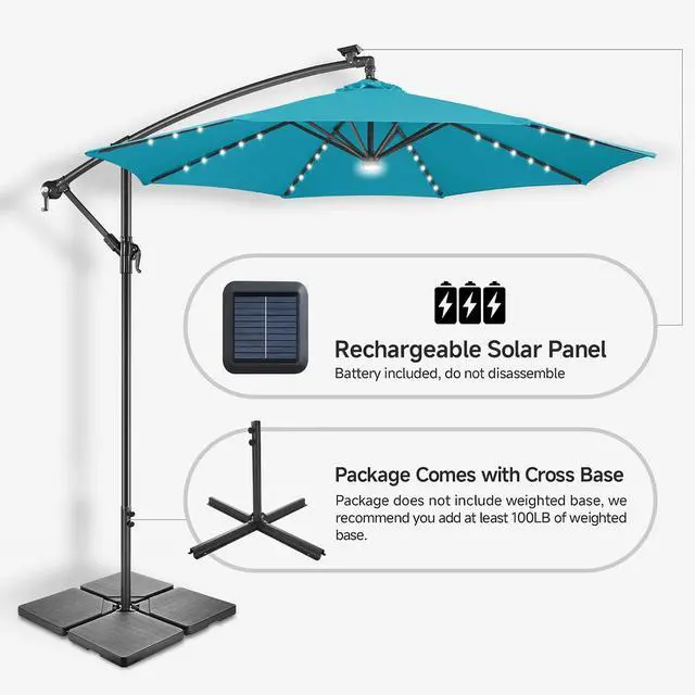 Alt view image 5 of 7 - FLAME&SHADE Cantilever Umbrella Solar with Centre Light, 10 FT, Aqua Blue | 40 LED Lights, UPF 50+ UV Protection, Lighted Large Offset Umbrella Outdoor for Deck, Porch, Pool, Yard, Table, Garden
