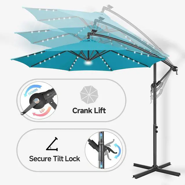 Alt view image 6 of 7 - FLAME&SHADE Cantilever Umbrella Solar with Centre Light, 10 FT, Aqua Blue | 40 LED Lights, UPF 50+ UV Protection, Lighted Large Offset Umbrella Outdoor for Deck, Porch, Pool, Yard, Table, Garden