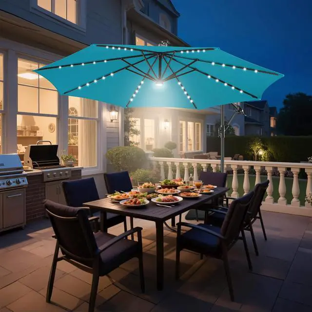 Alt view image 7 of 7 - FLAME&SHADE Cantilever Umbrella Solar with Centre Light, 10 FT, Aqua Blue | 40 LED Lights, UPF 50+ UV Protection, Lighted Large Offset Umbrella Outdoor for Deck, Porch, Pool, Yard, Table, Garden